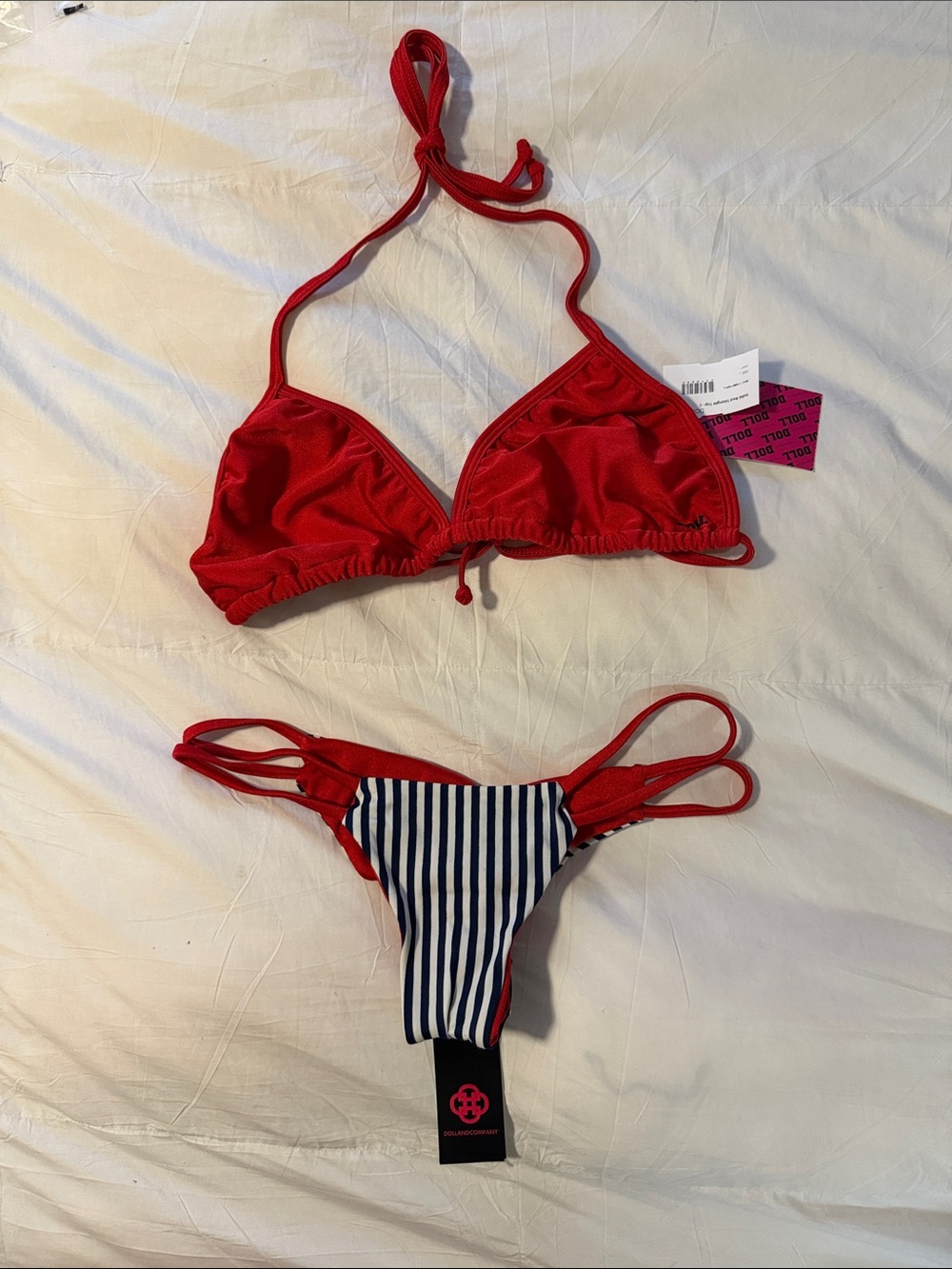 Doll Swimwear Red Triangle Bikini Top w/ Striped Cheeky Bottoms (mismatch size)